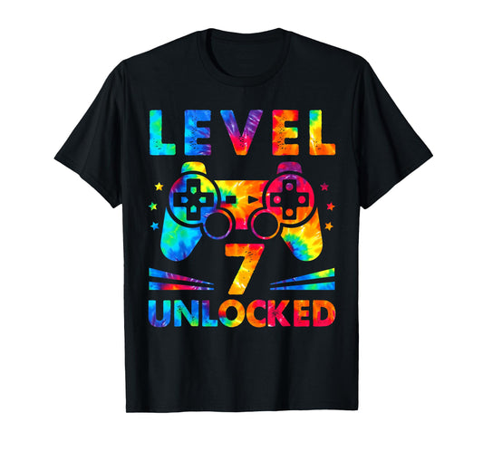 7 Year Old 7th Birthday Gamer Tie Dye Boys Level Gift T-Shirt
