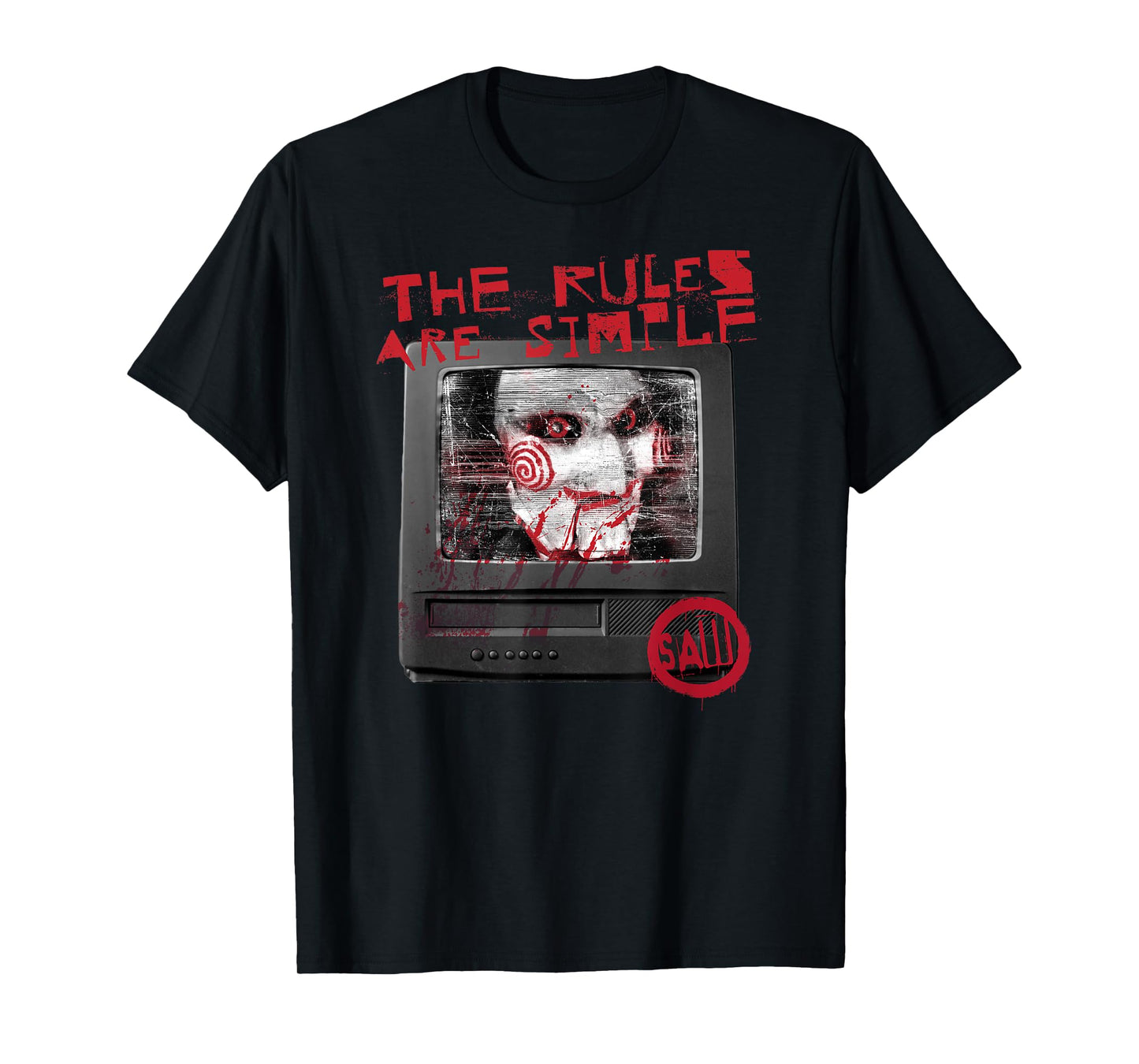 Saw Front and Back Retro TV Tech Jigsaw Horror Movie T-Shirt