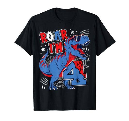 Dinosaur 4th Birthday Spider Theme Party 4 Years Old Boy T-Shirt