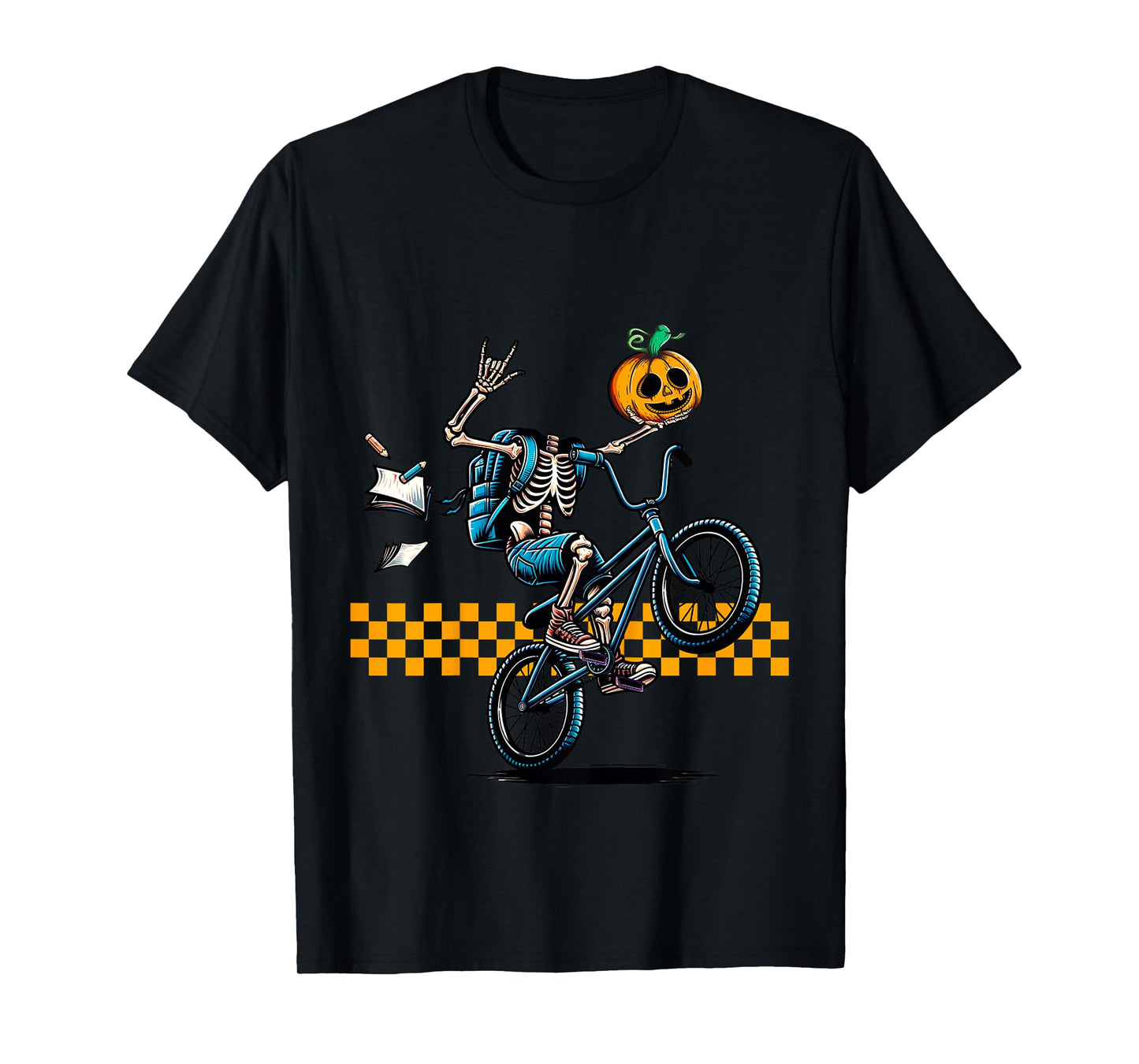 Kids Kids Halloween Skeleton Riding a BMX Bike Popping a Wheelie T-Shirt