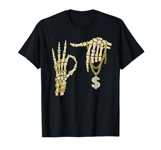 67 Six Seven Meme Novelty Skeleton Hand Bling Chain Rings T-Shirt