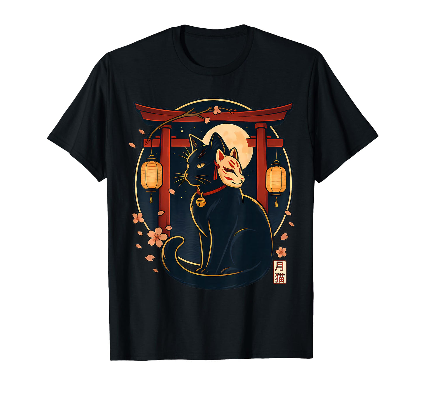 Kawaii Japanese Cat Kitsune Mask Torii Lantern Funny Cat T-Shirt