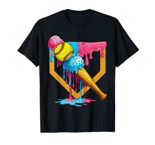 Cute Ice Cream Softball Home Plate Drip Game Day Softball T-Shirt