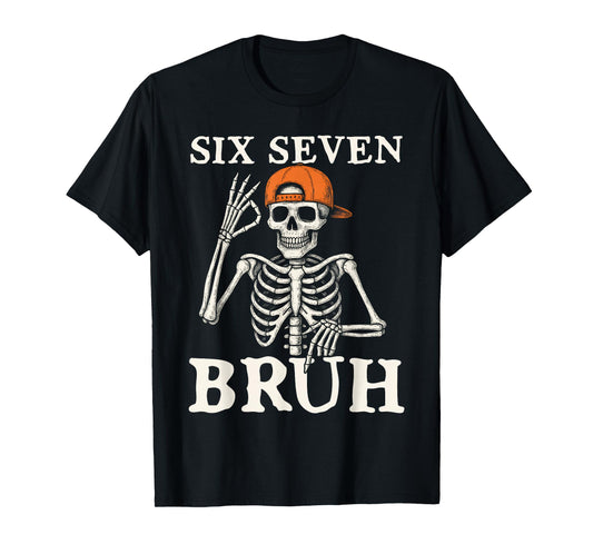 6 7 Bruh Meme Gen Alpha Halloween Skeleton Six Seven Boys T-Shirt