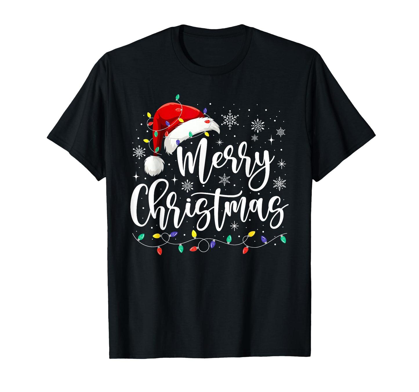 Merry Christmas Lights Red Santa Hat Xmas Family Men Women T-Shirt