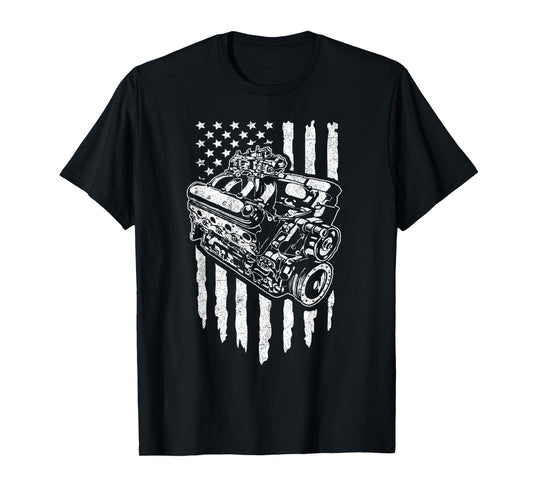American Flag Muscle Car Motor Hot Rod Engine Racing T-Shirt