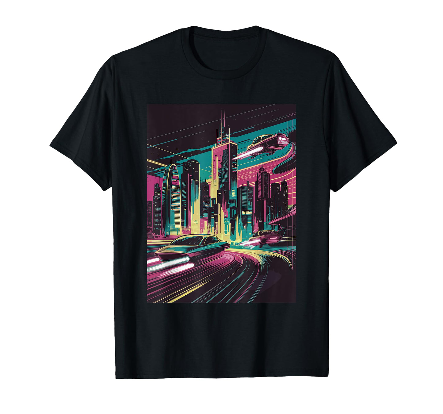 Retro Futuristic 80s sci-fi City with Flying Cars Cyberpunk T-Shirt