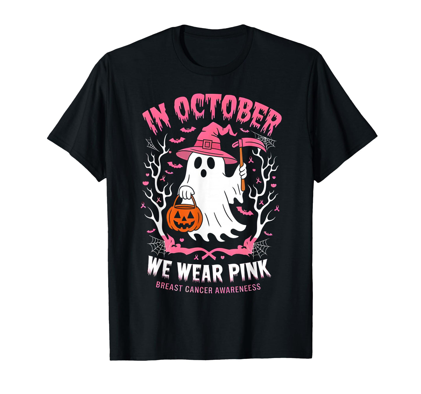 in October We Wear Pink Ghost Witch Breast Cancer Awareness T-Shirt
