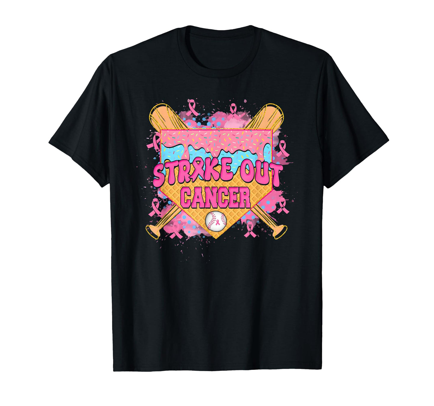 Strike Out Cancer Baseball Ice Cream Drip Breast Cancer T-Shirt