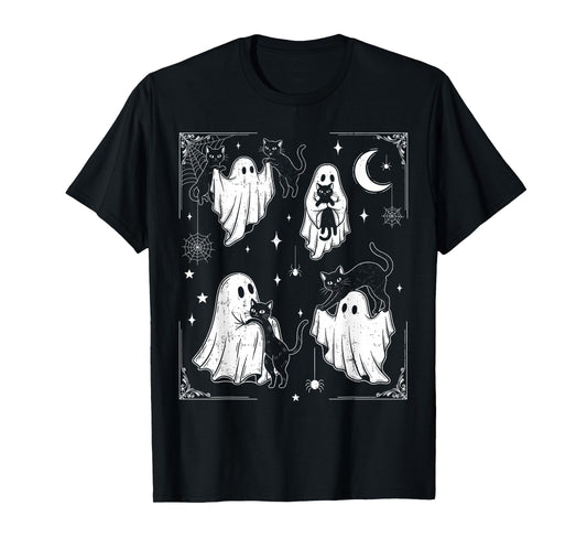 Cute Ghost Holding Cat Funny Halloween Men Women Kids T-Shirt