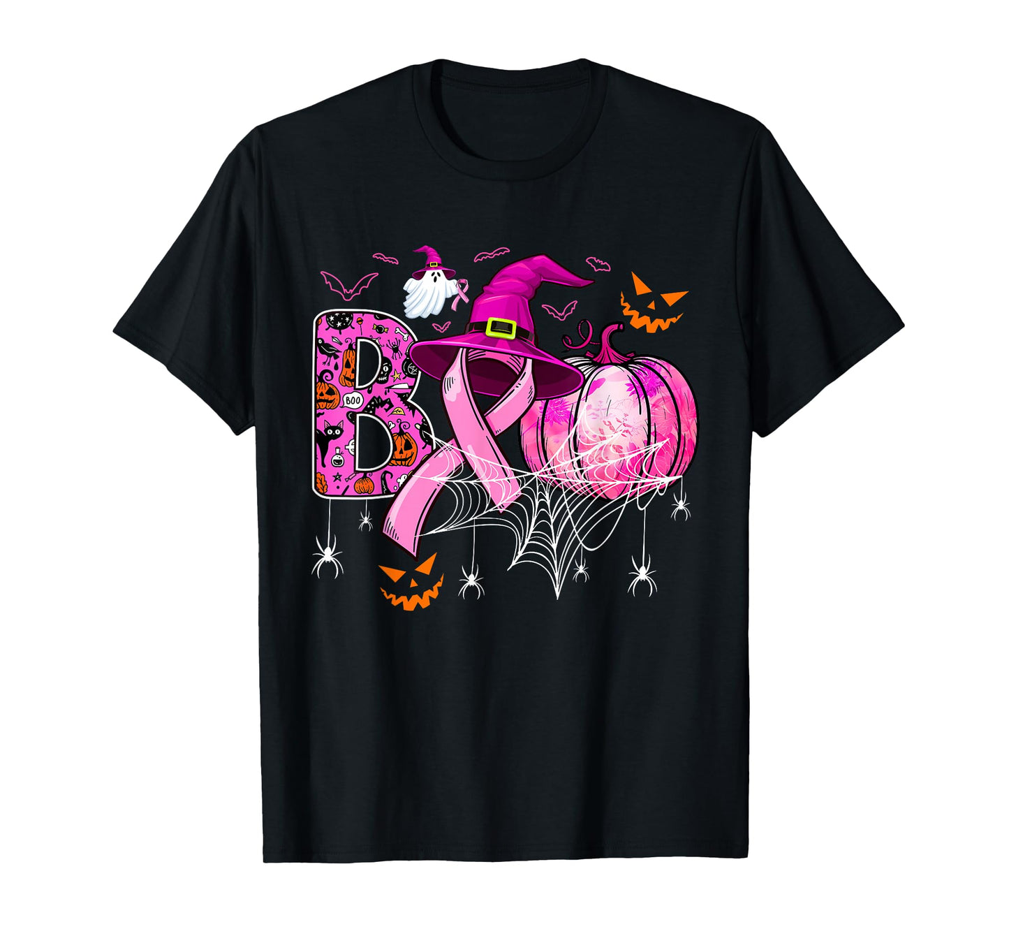 Boo Halloween Pumpkin Pink Ribbon Witch Breast Cancer T-Shirt