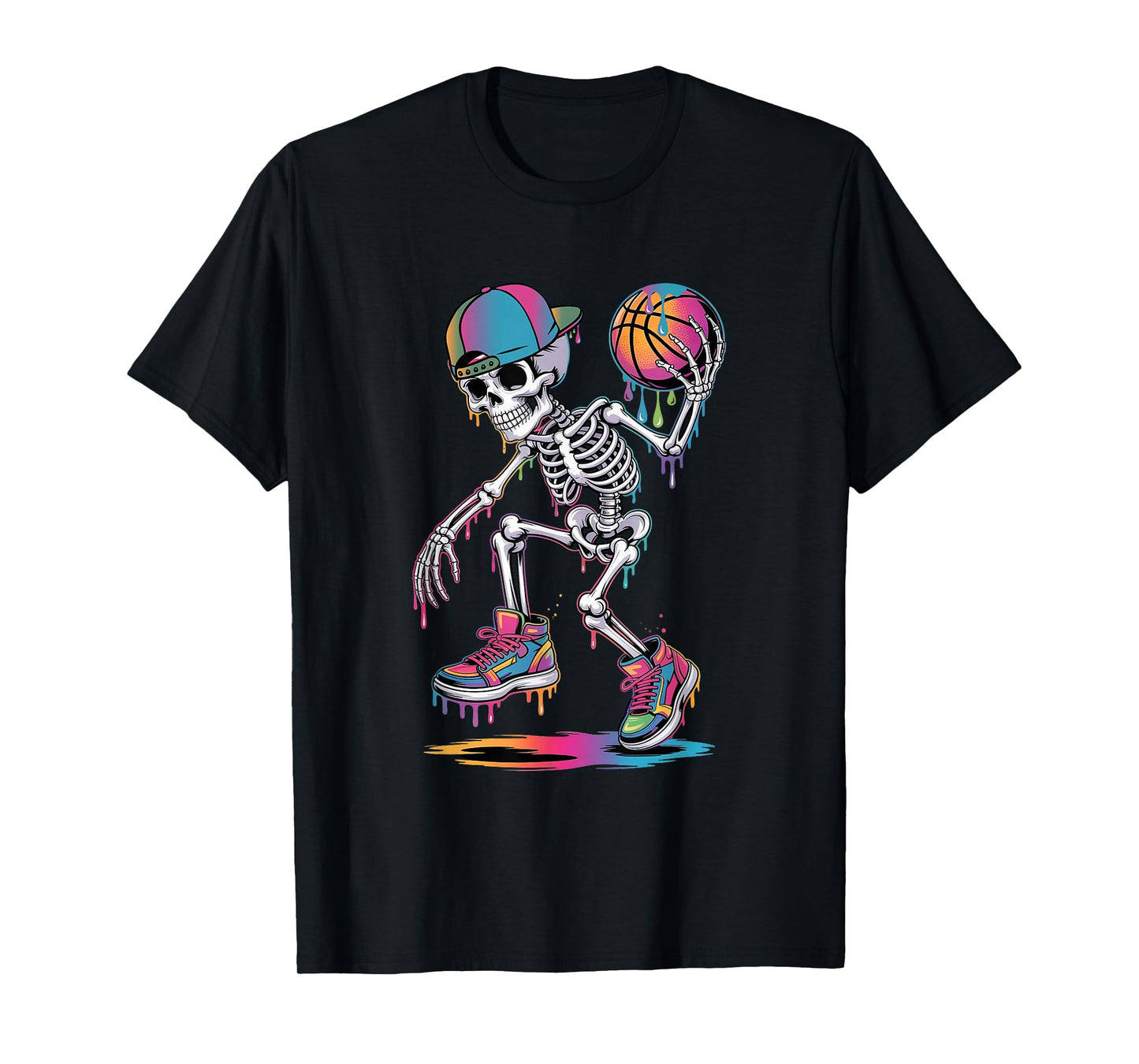 Skeleton Playing Basketball Dripping Boys Youth Halloween T-Shirt
