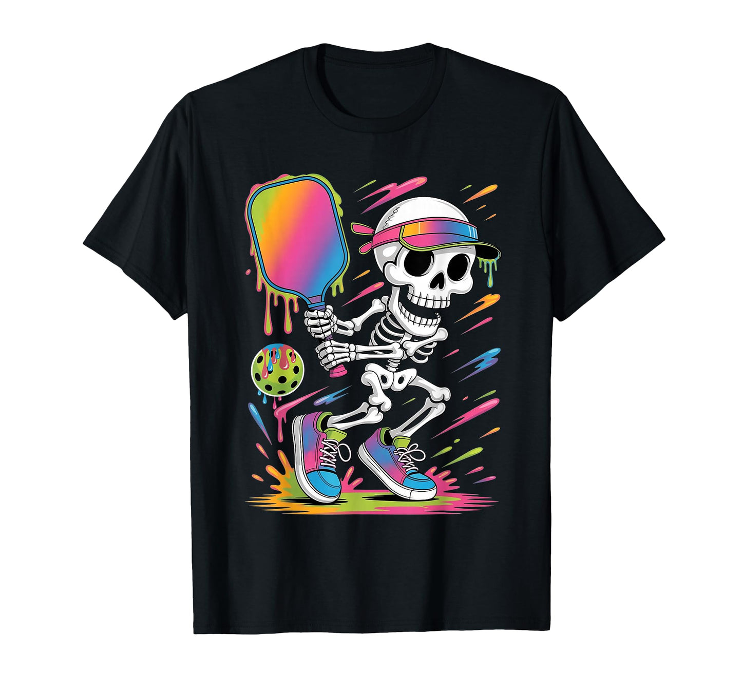 Funny Halloween Skeleton Playing Pickleball Drip Dripping T-Shirt