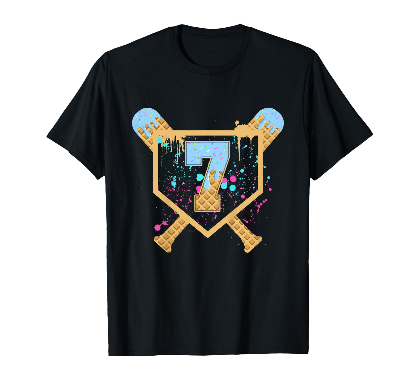 Kids Baseball 7 Year Old Ice Cream Drip 7th Birthday Boy Number 7 T-Shirt