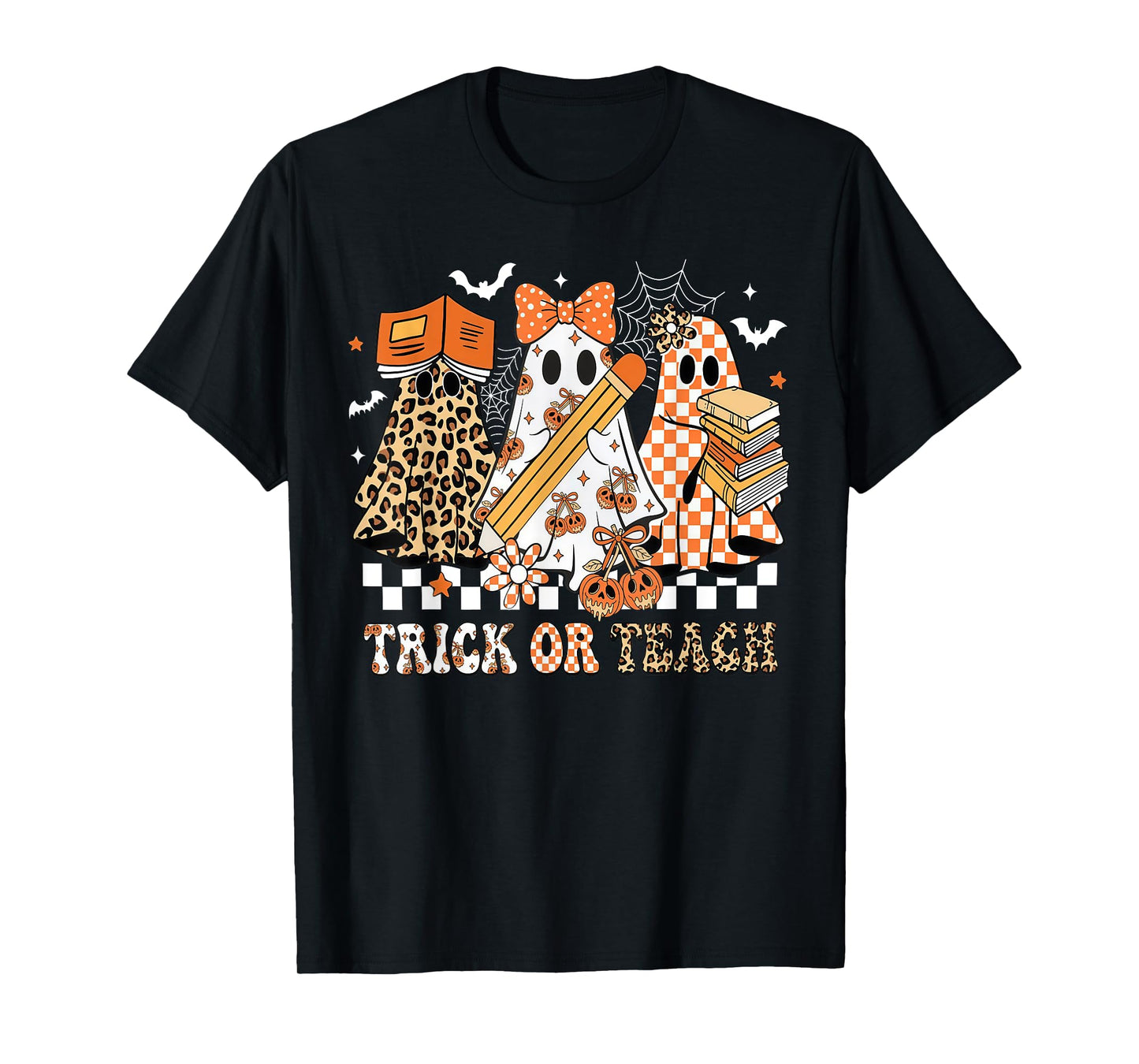 Trick Or Teach Groovy Teacher Halloween Floral Ghost T-Shirt
