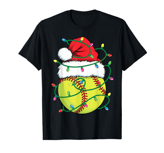 Softball with Santa Hat Men Boys Girls Christmas Xmas Lights T-Shirt