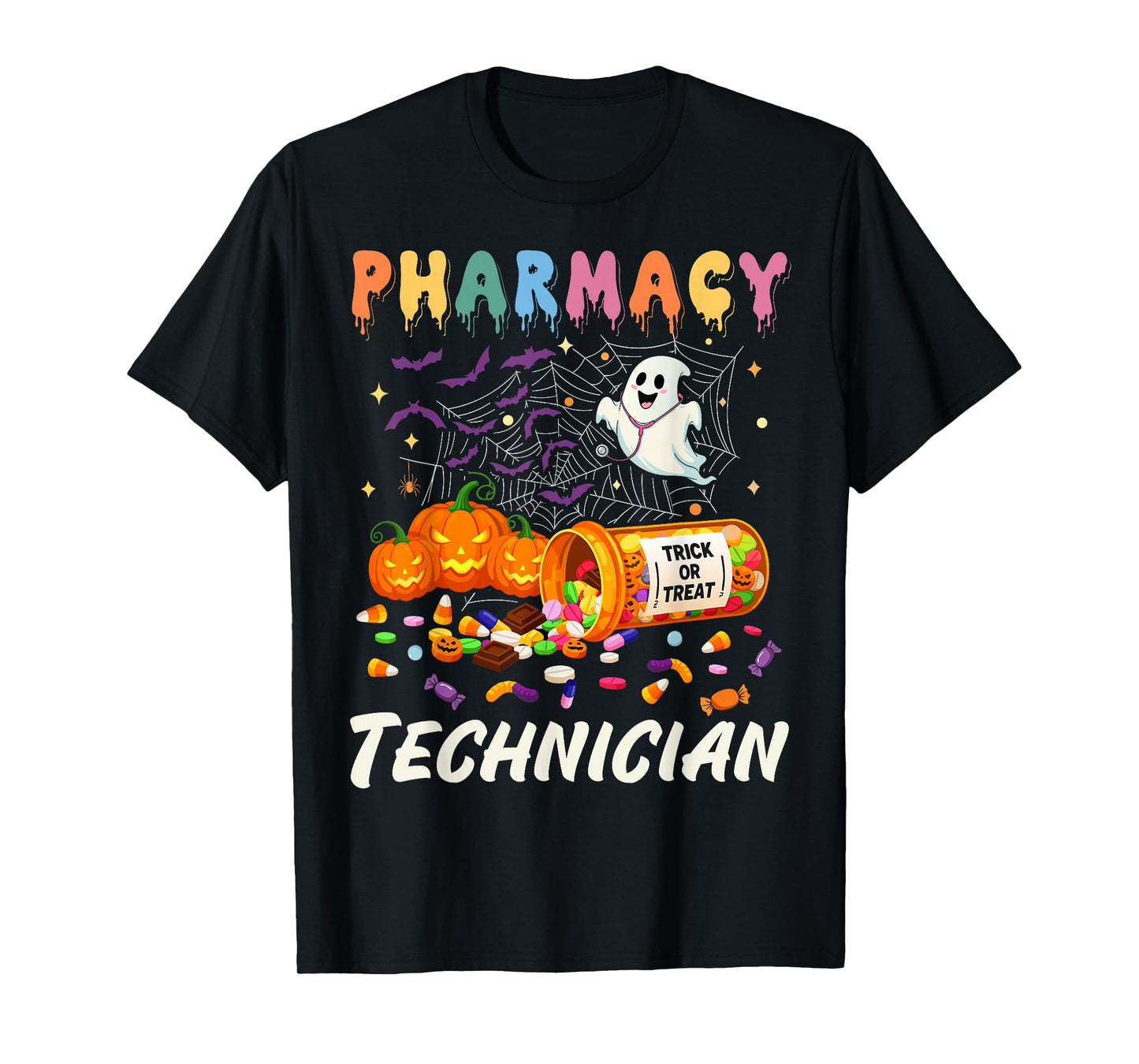 Pharmacy Technician Ghost Pumpkin Pharm Tech Funny Halloween T-Shirt