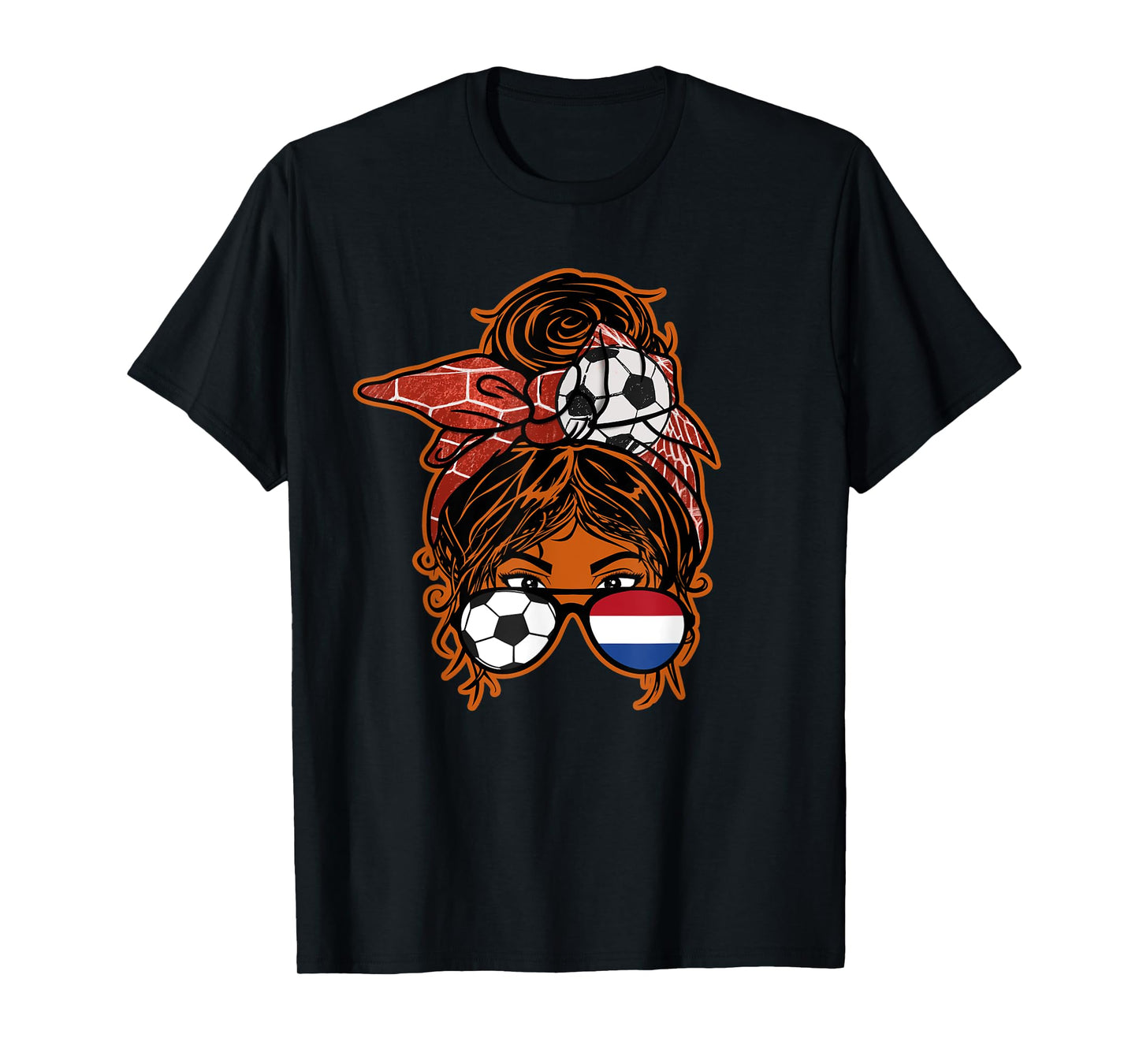 Messy Bun Hair Brown Skin Soccer Girl Netherlands Jersey T-Shirt