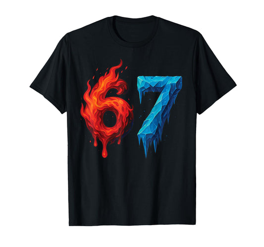 67 Six Seven 6-7 Flaming Ice - Funny Teen Kids Brainrot Meme T-Shirt