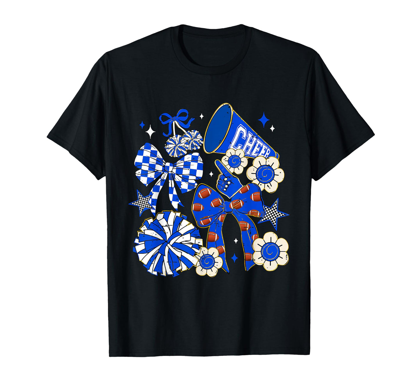 Coquette Bow Blue Cheer Mom Game Day Football Cheerleader T-Shirt
