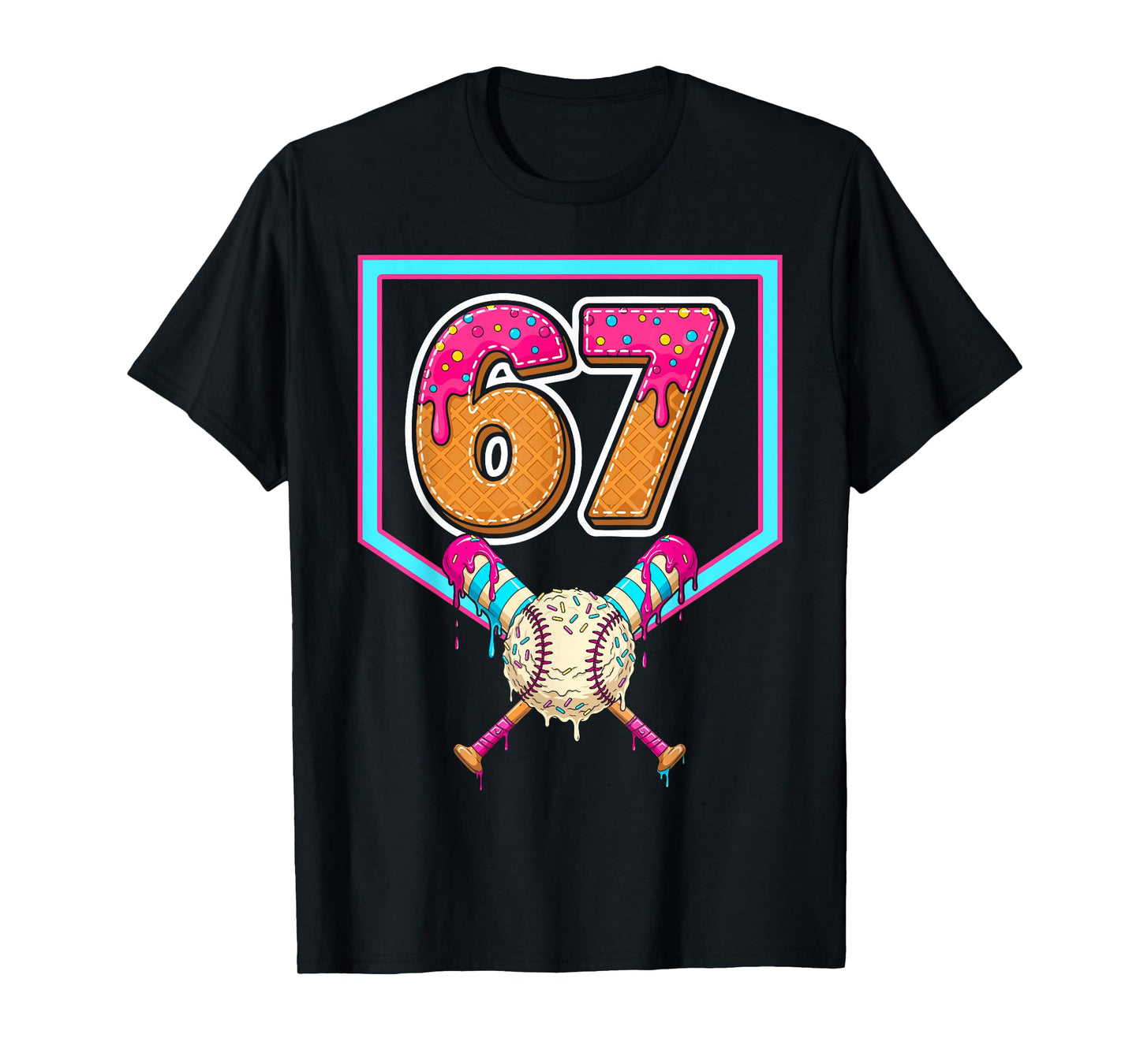Baseball Ice Cream Drip Number 67 Player 67th Birthday T-Shirt