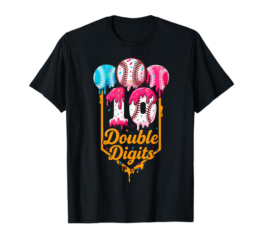 Dripping Baseball 10th Birthday Boys Double Digits Ice Cream T-Shirt