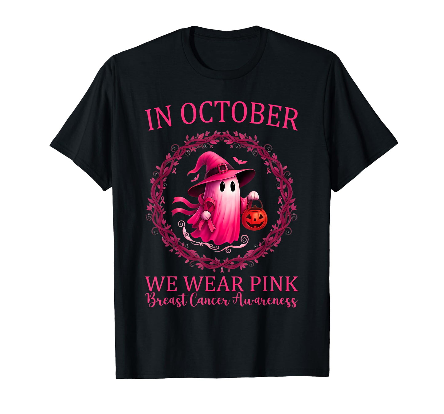 in October We Wear Pink Ribbon Ghost Breast Cancer Awareness T-Shirt