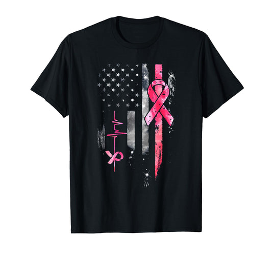 American Flag Pink Ribbon Breast Cancer Awareness Support T-Shirt