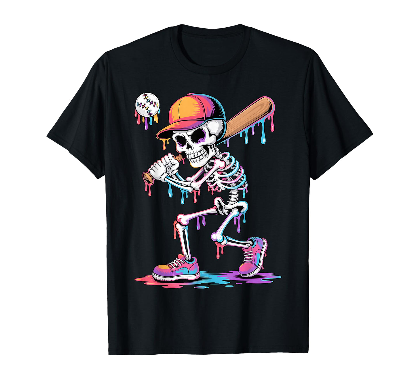 Skeleton Playing Baseball Halloween Youth Kids Baseball Drip T-Shirt