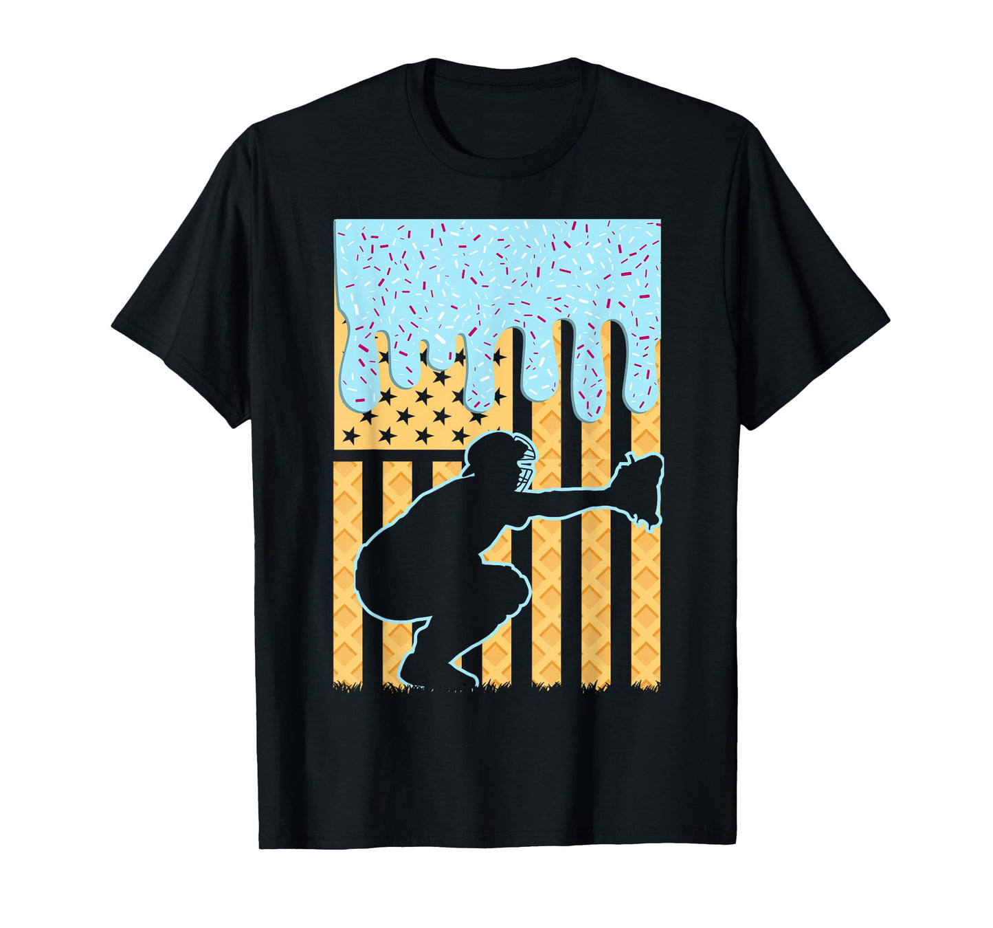 Ice Cream Baseball Drip Boys Catcher American Flag 4th July T-Shirt