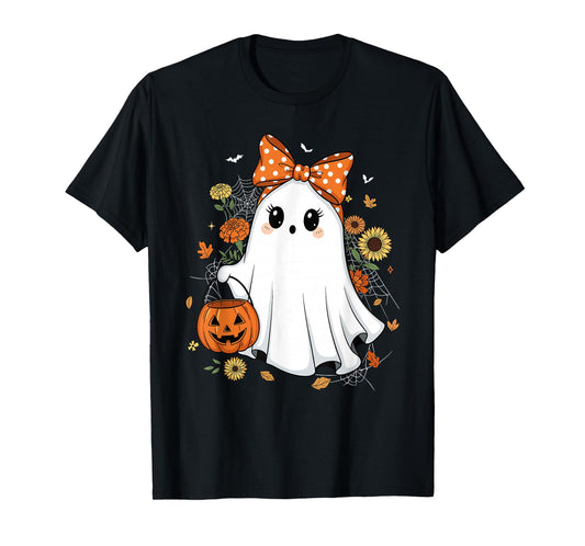 Cute Floral Ghost Coquette Bow Autumn Fall Spooky Halloween T-Shirt