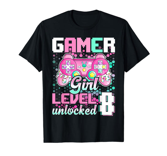 8th Birthday Gift Gamer Girl Level 8 Unlocked Video Game T-Shirt