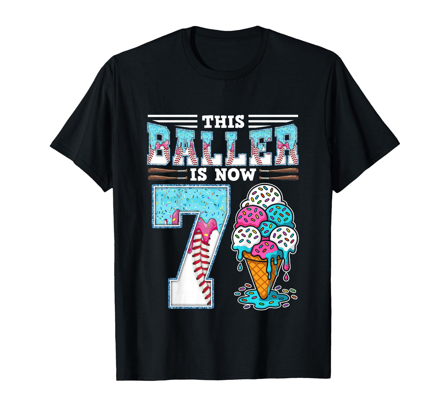 Kids Baller Is Now 7 Year Ice Cream Drip 7th Birthday Baseball T-Shirt