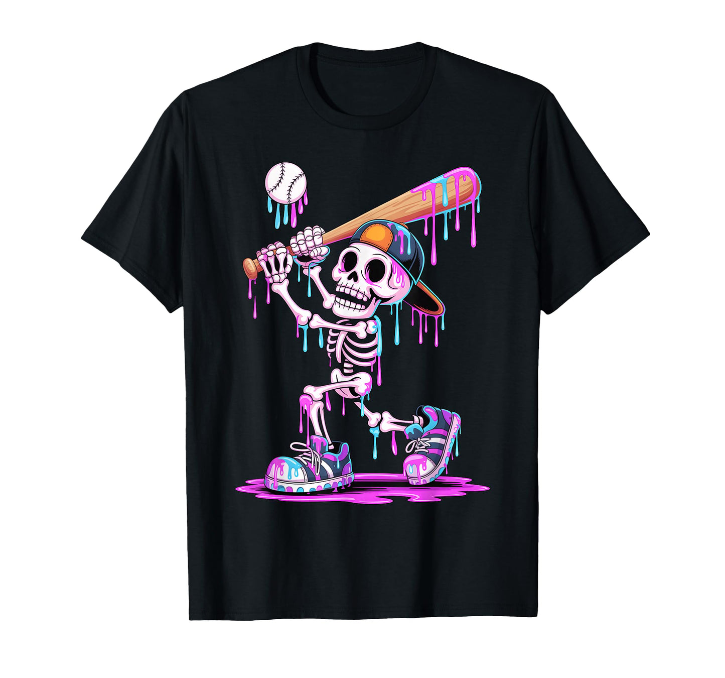 Funny Skeleton Baseball Drip Boys Youth Kids Halloween T-Shirt