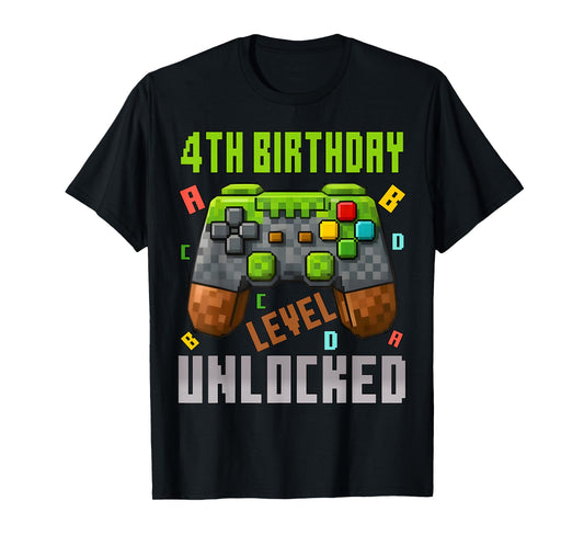 4th Birthday Boy Level 4 Unlocked Birthday Boy 4 Years Old T-Shirt