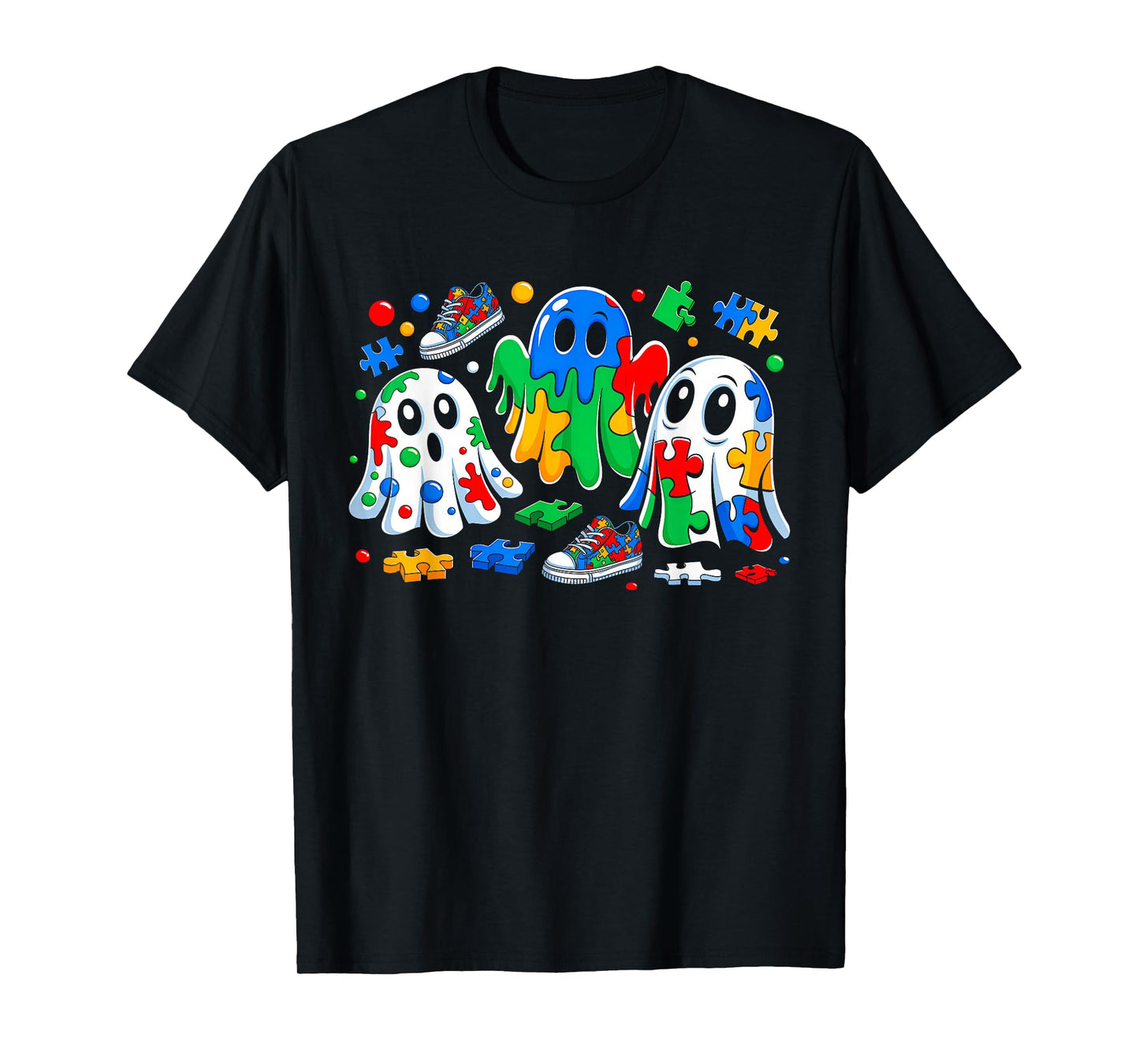 Halloween Ghost Colorful Puzzle Ribbon Autism Awareness T-Shirt