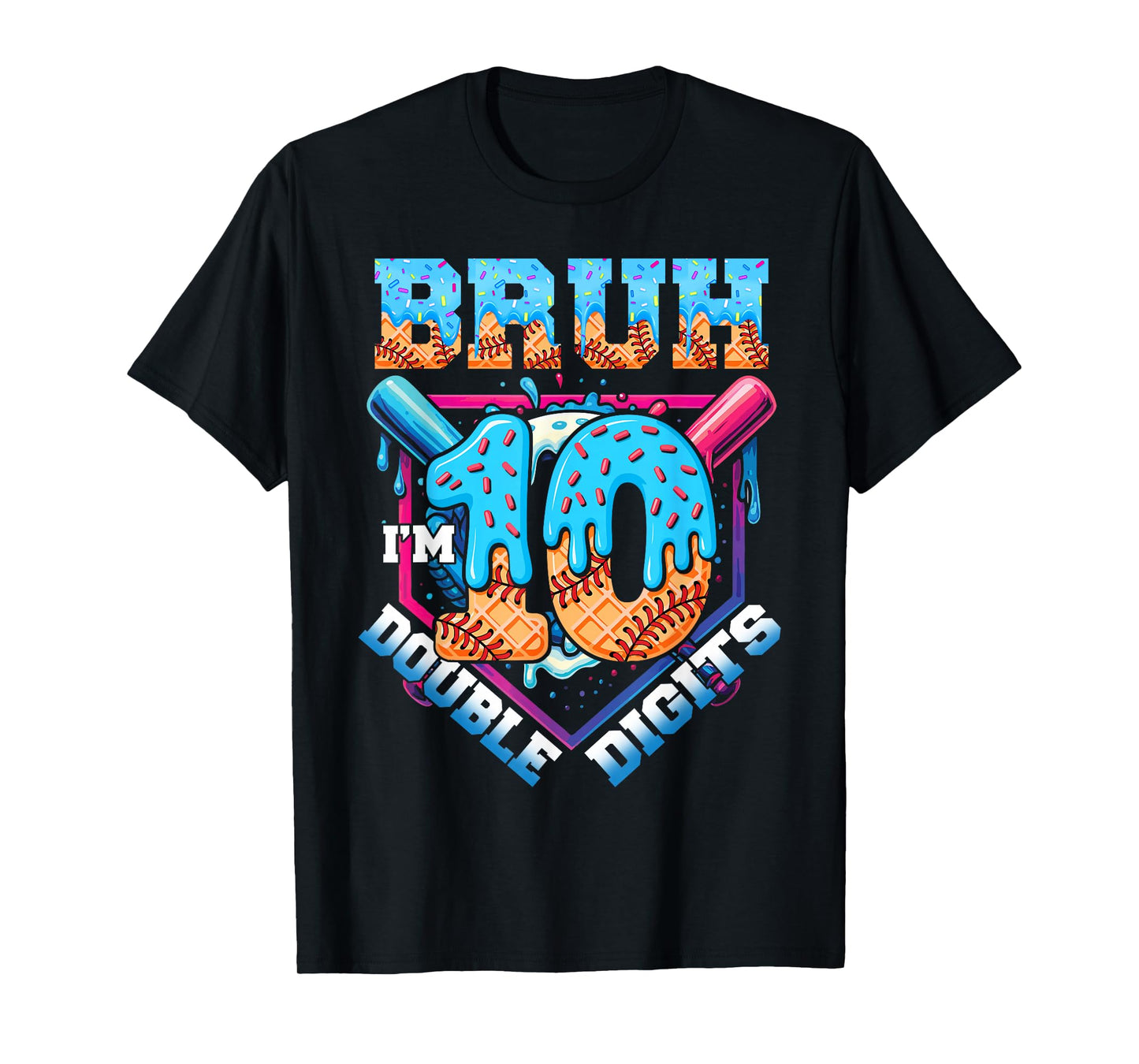 Boys 10 Double Digits 10th Birthday Ice Cream Baseball Drip T-Shirt