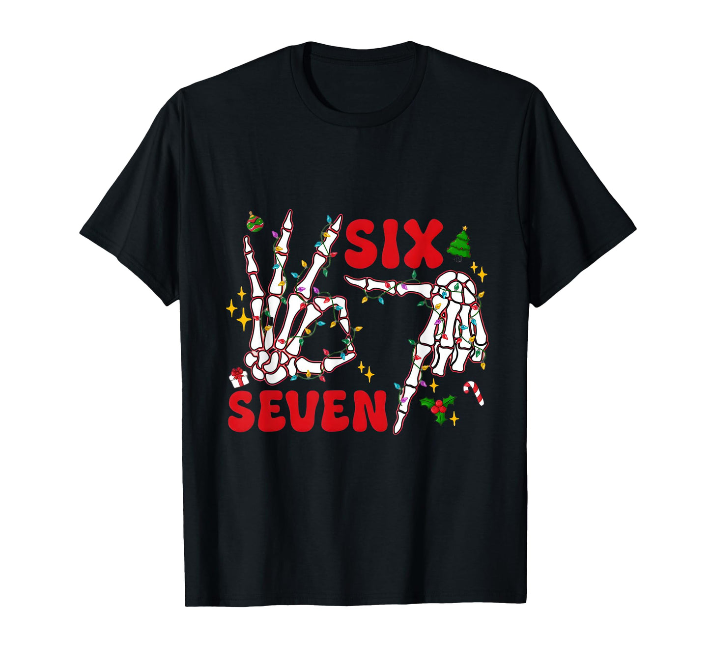 Funny Xmas 67 Skeleton Hand Six Seven Christmas Lights Shirt T-Shirt
