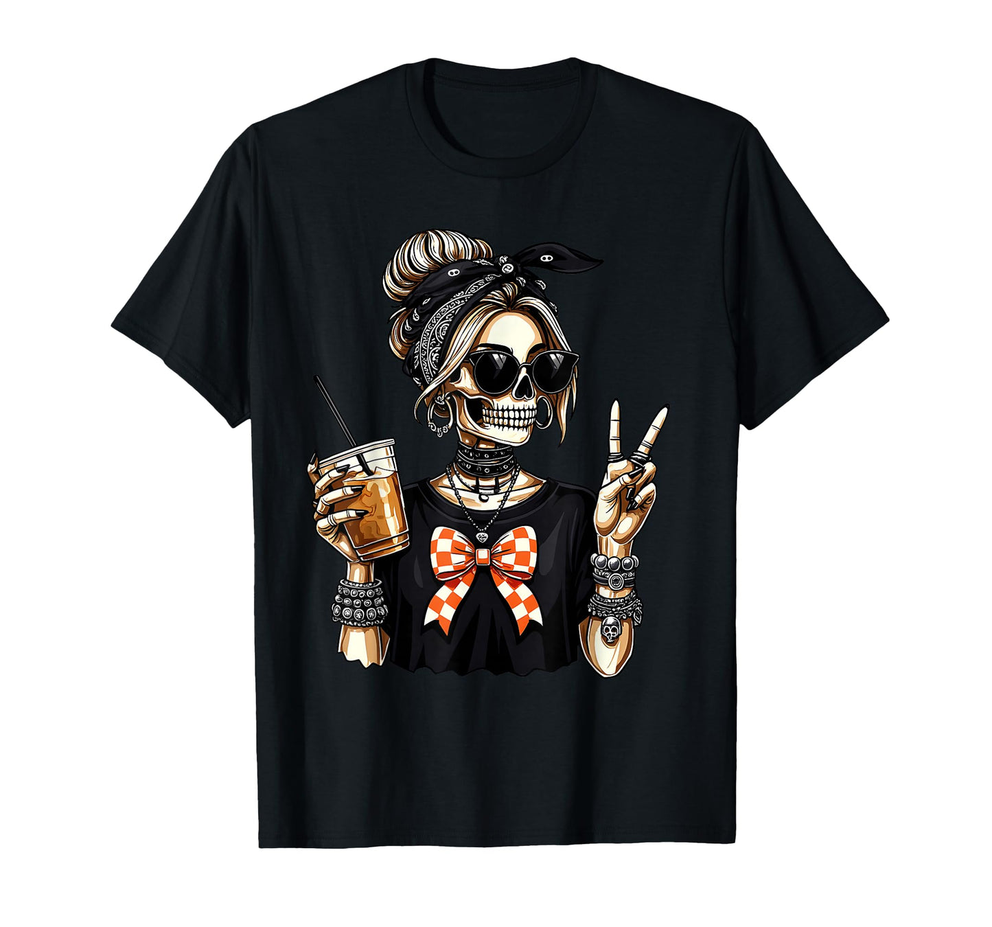 Skeleton Girl Drinking Coffee Peace Sign Graphic for Women T-Shirt