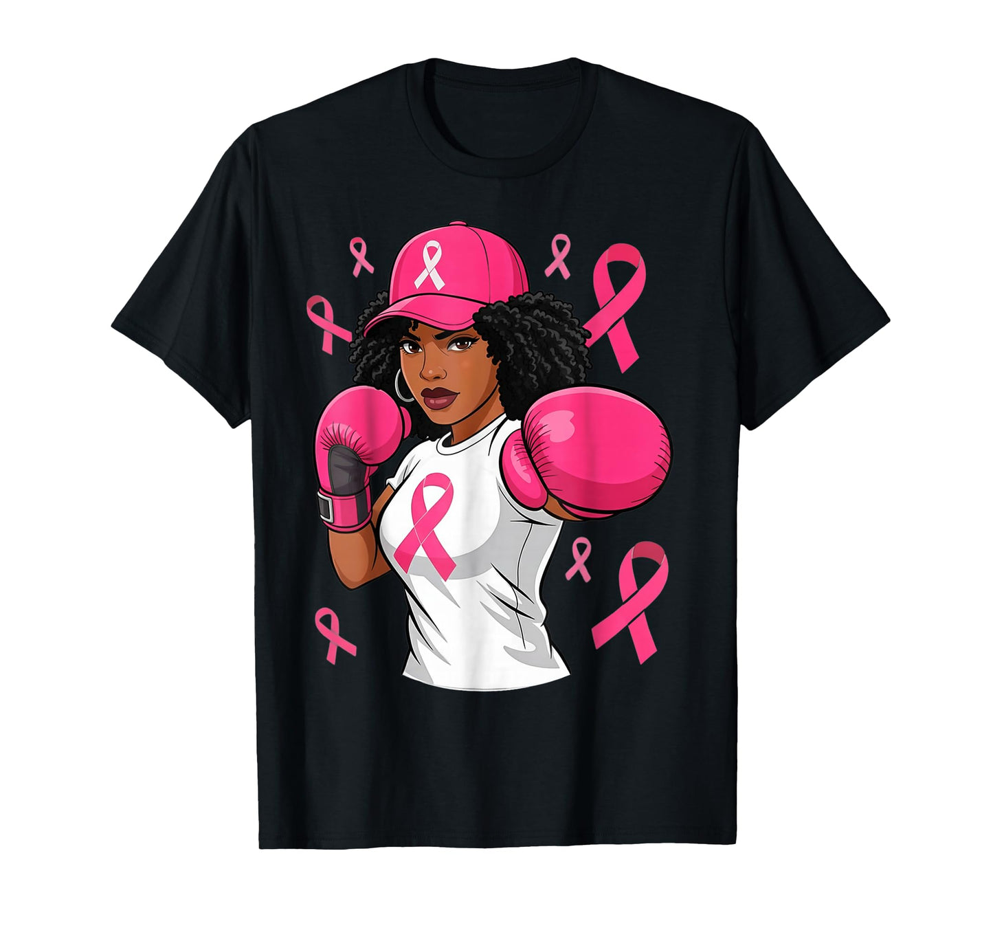 Women Black African American Breast Cancer Afro Pink Ribbon T-Shirt