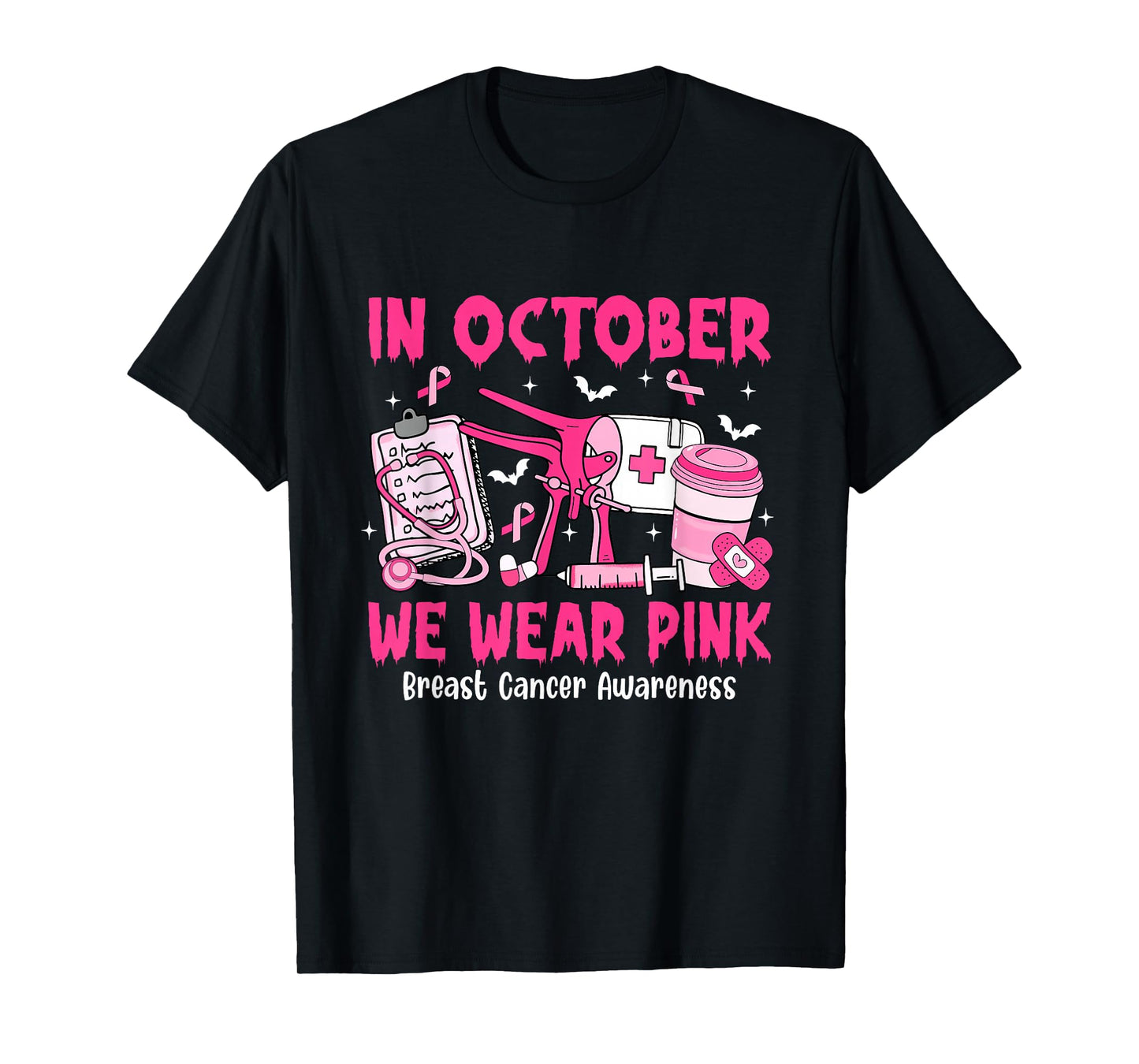 in October We Wear Pink OBGYN Nurse Breast Cancer T-Shirt