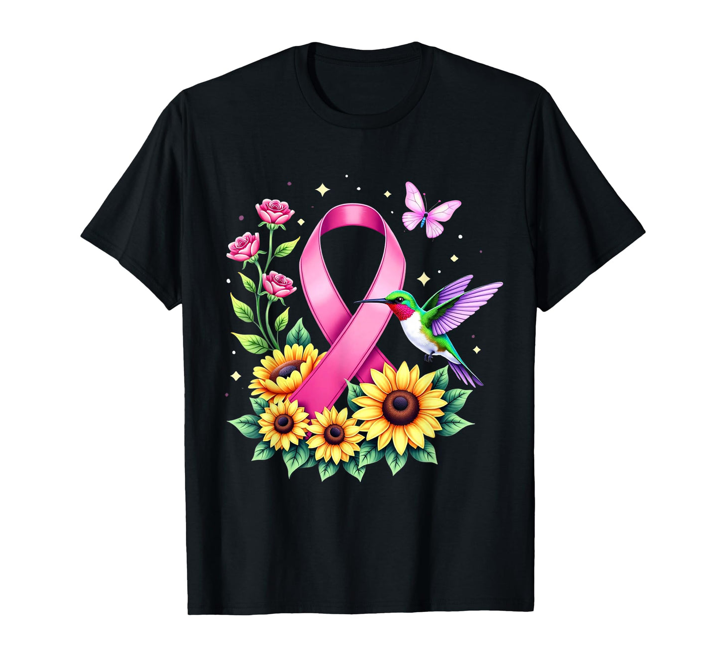 Hummingbird Sunflower Pink Ribbon Breast Cancer Awareness T-Shirt