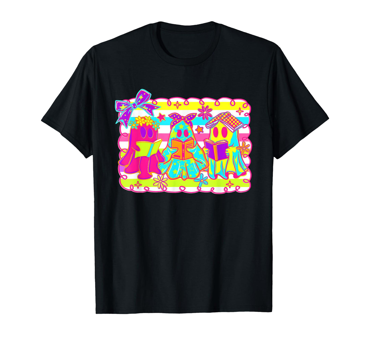 Neon Halloween Ghost Books Coquette Bookish Ghost Reading T-Shirt