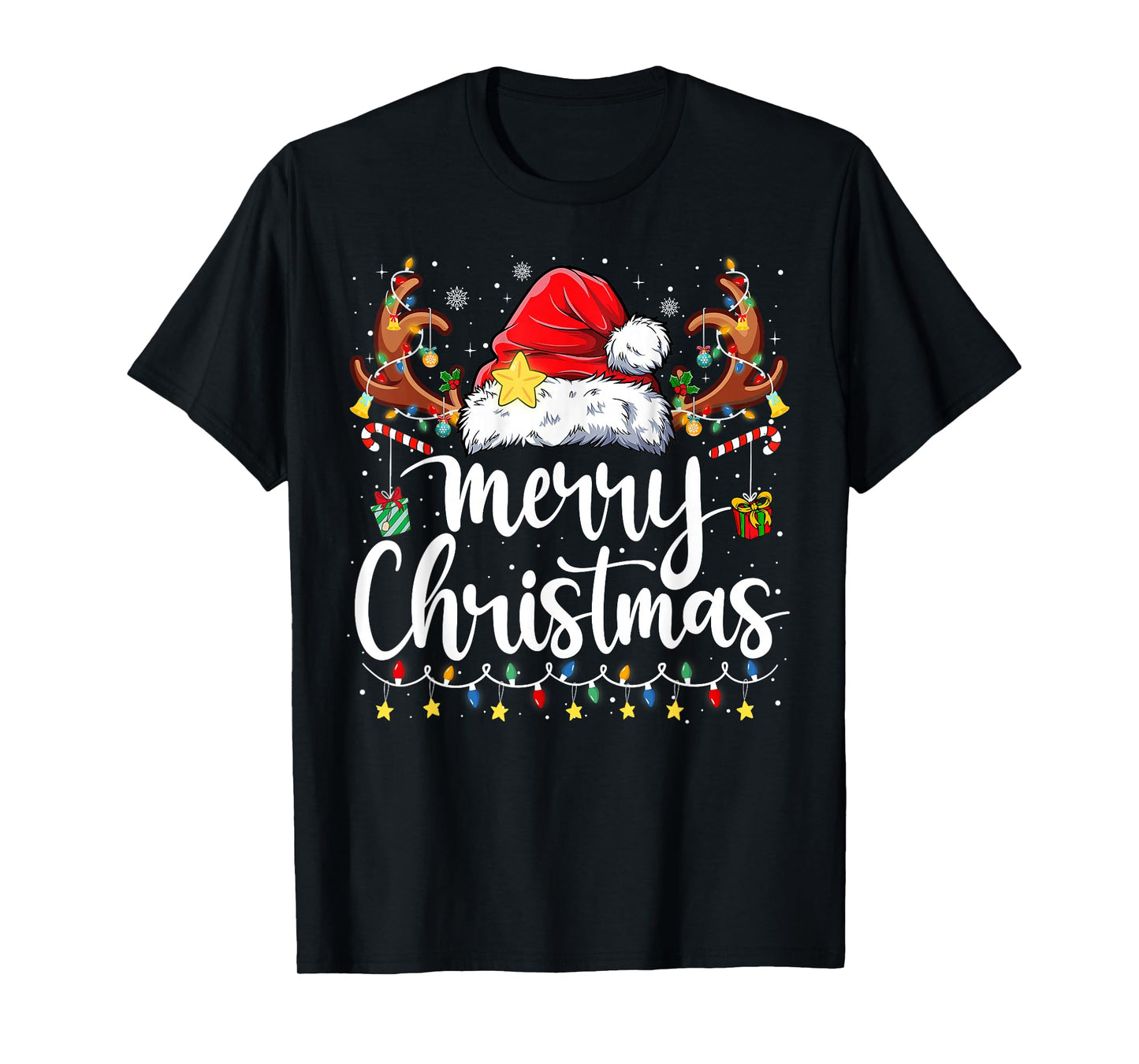 Merry Christmas Lights Red Santa Hat Xmas Family Men Women T-Shirt