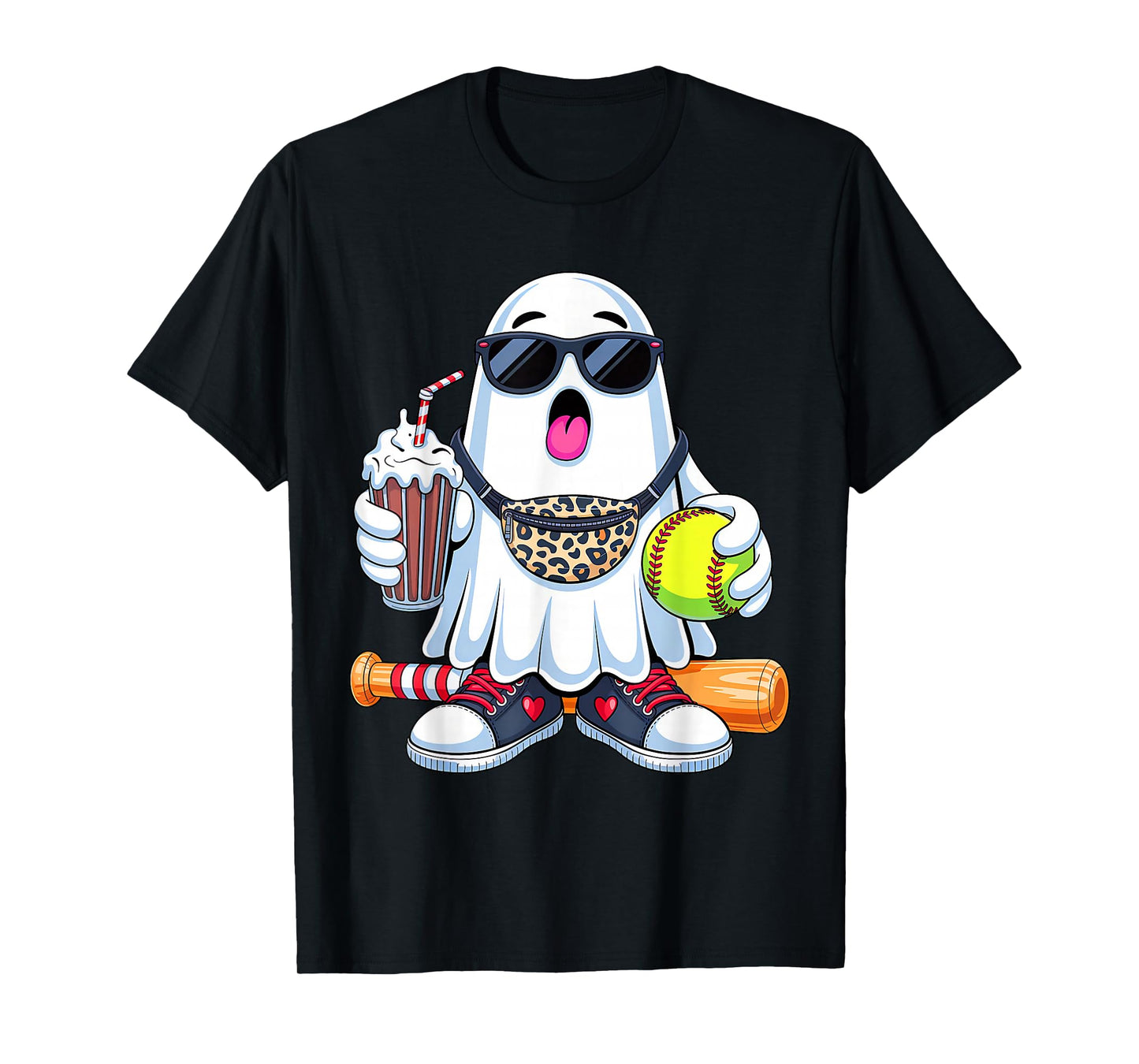 Funny Ghost Softball Boo Coffee Halloween Mens Womens Kids T-Shirt