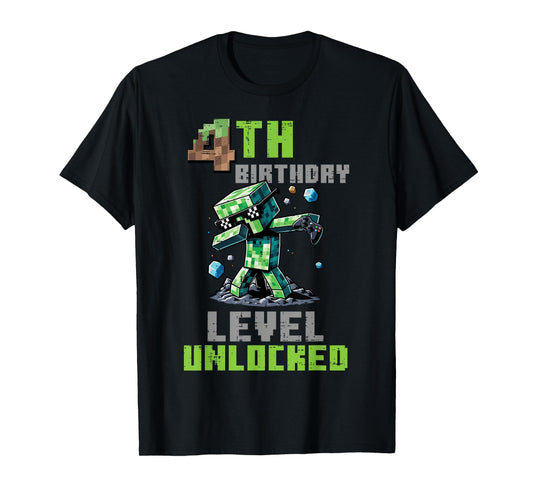4th Birthday Level Unlocked Pixel Dab 4 Bday Gamer Boys Kids T-Shirt