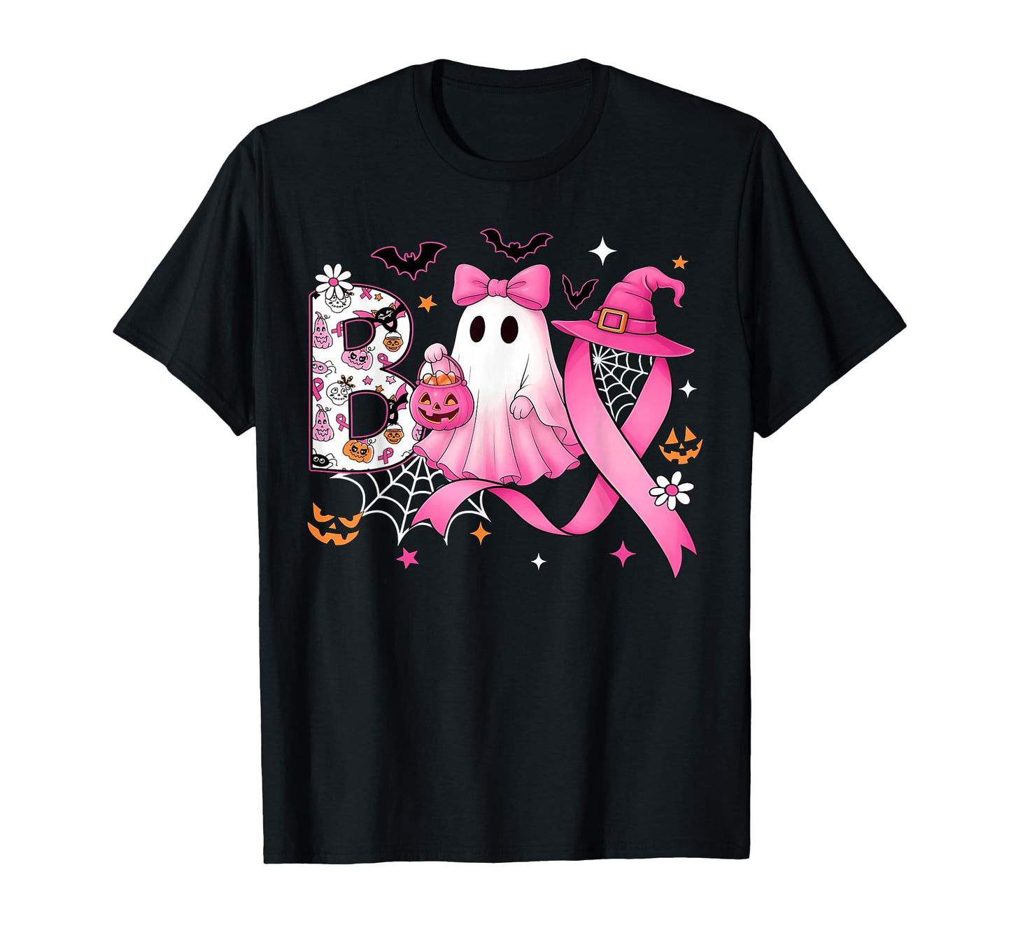 Boo Halloween Pumpkin Pink Ribbon Witch Breast Cancer T-Shirt
