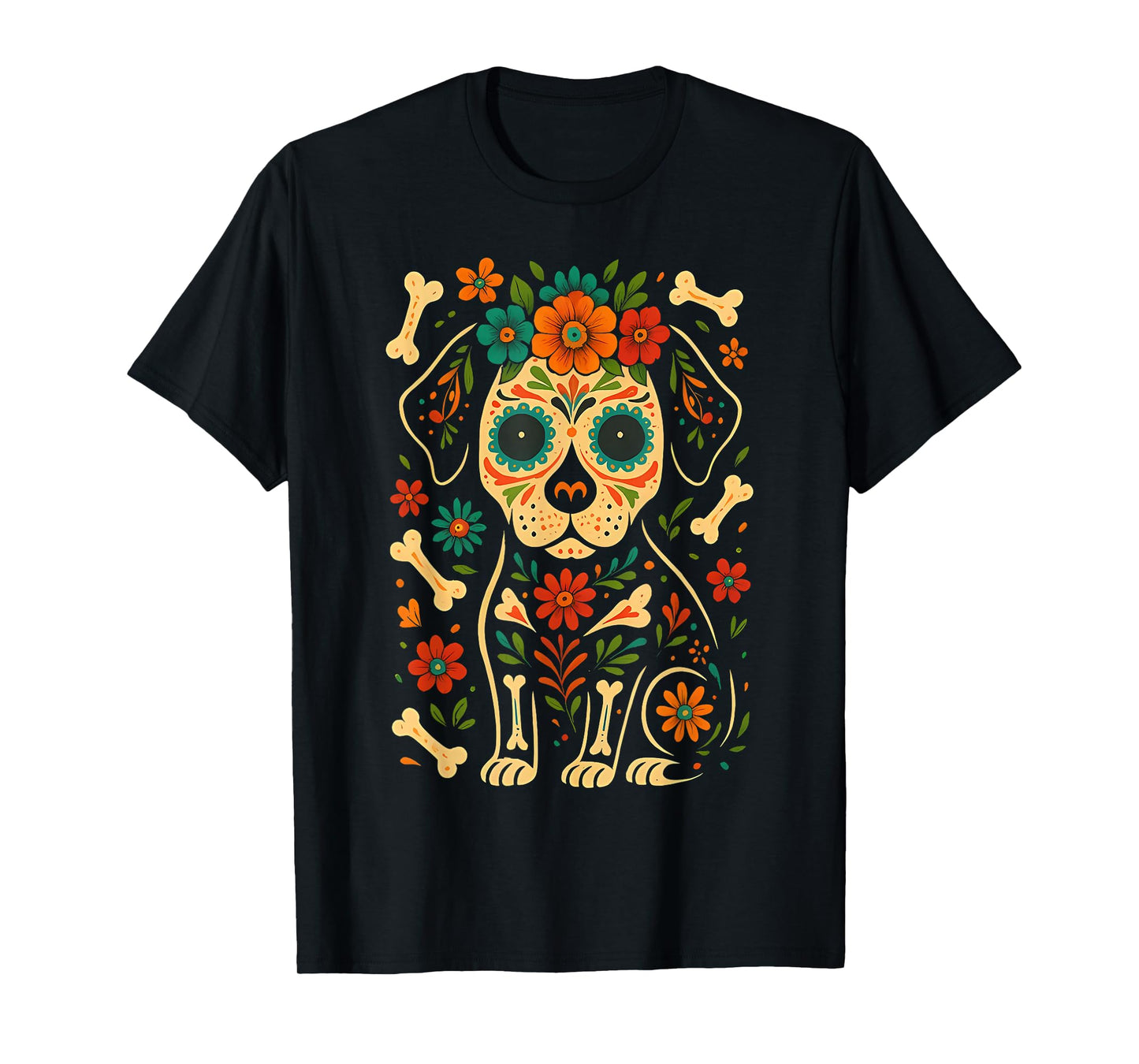 Mexican Dog Day of The Dead Skeleton Sugar Flowers Dogs T-Shirt