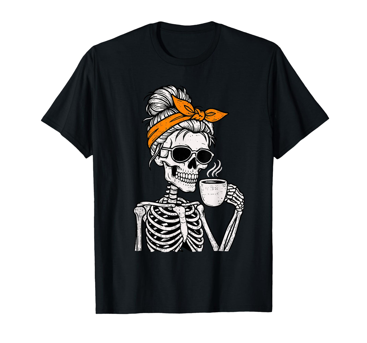 Skeleton Messy Bun Drinking Coffee Halloween Costume Womens T-Shirt