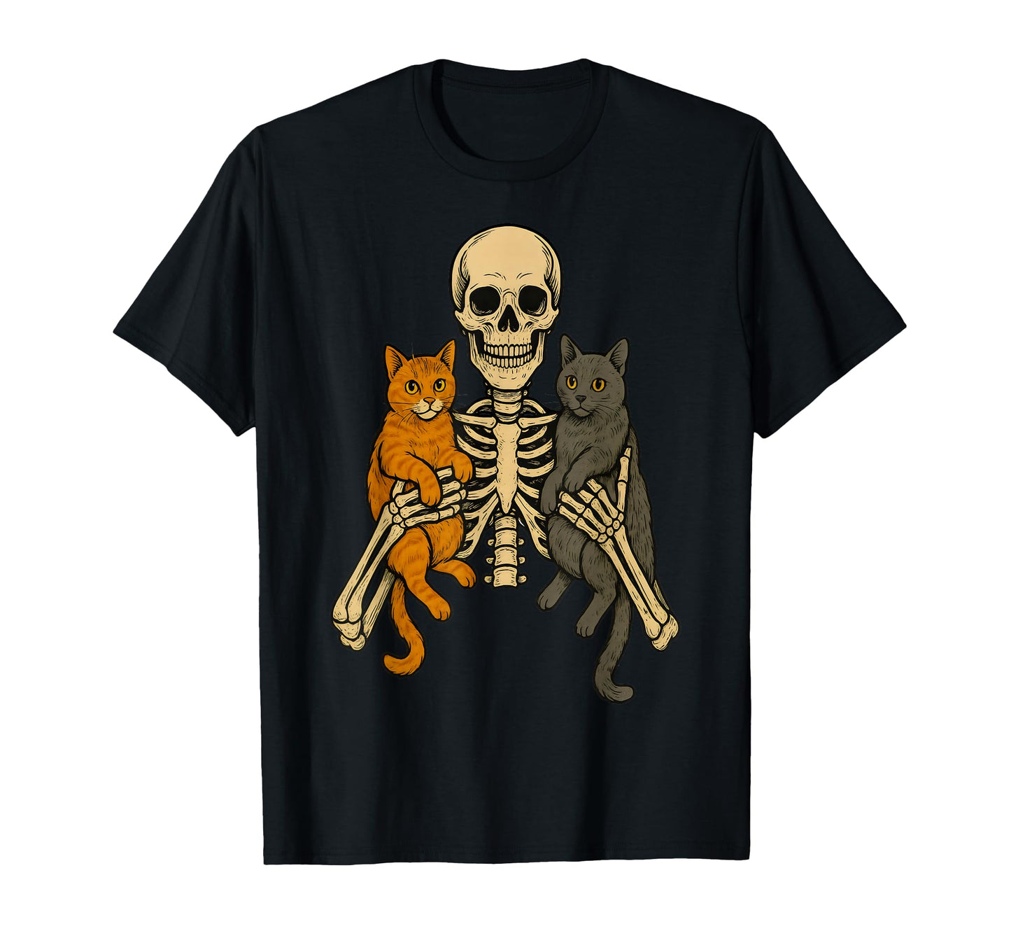 Skeleton Hugging Cat Cute Kitten Funny Halloween Men Women T-Shirt